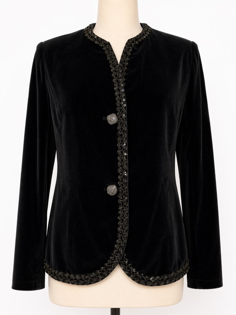 Vintage Black Velvet Sequin Trim Jacket S | Embellished Evening Blazer EUC